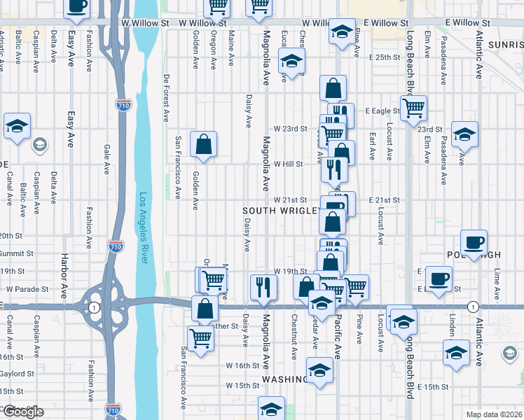 map of restaurants, bars, coffee shops, grocery stores, and more near 2065 Magnolia Avenue in Long Beach