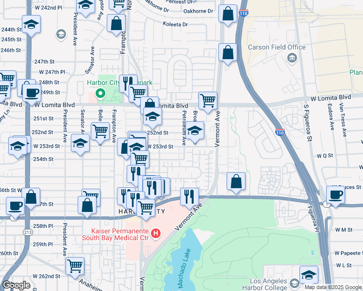 map of restaurants, bars, coffee shops, grocery stores, and more near 1051 West 253rd Street in Los Angeles