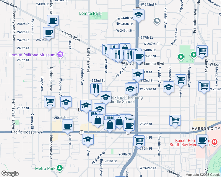 map of restaurants, bars, coffee shops, grocery stores, and more near 1844 West 253rd Street in Lomita