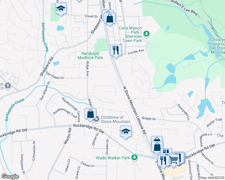 map of restaurants, bars, coffee shops, grocery stores, and more near 5386 Ridgemere Court in Stone Mountain