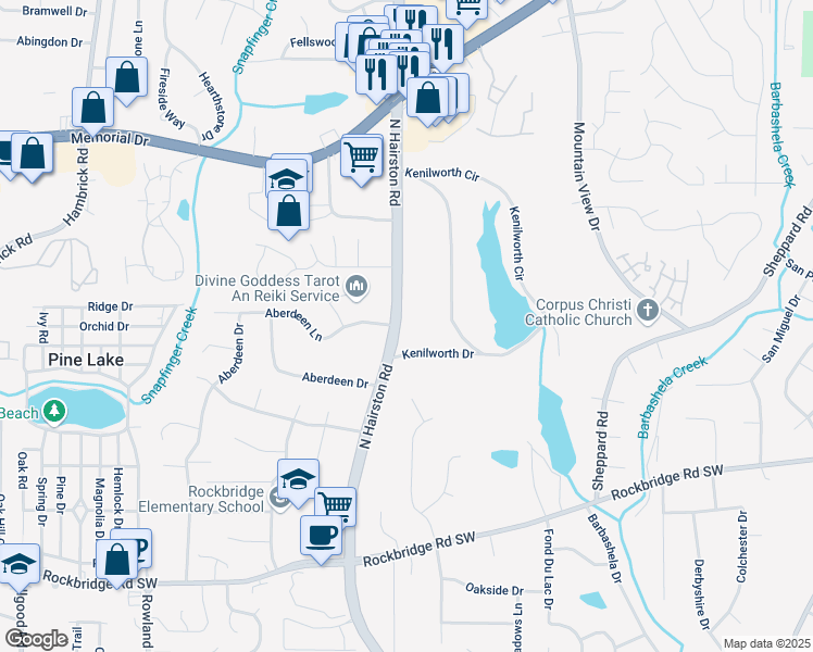 map of restaurants, bars, coffee shops, grocery stores, and more near 631 North Hairston Road in Stone Mountain