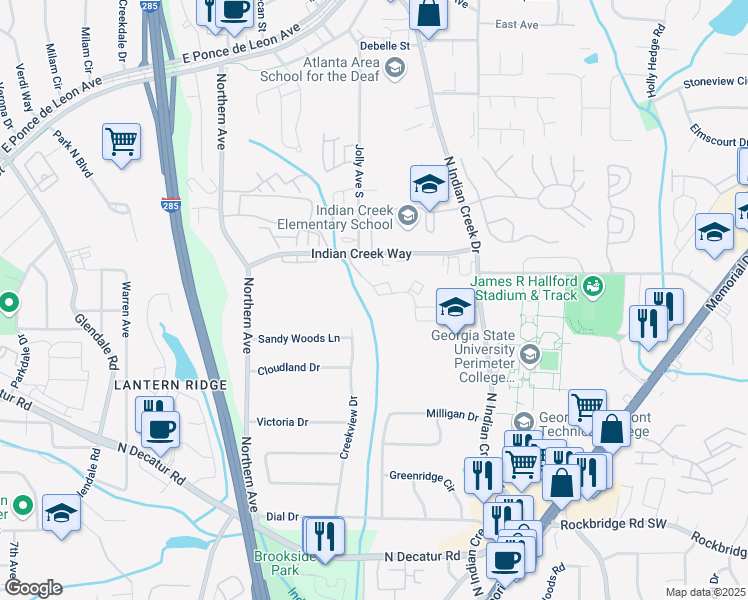 map of restaurants, bars, coffee shops, grocery stores, and more near 621 Ridge Creek Drive in Clarkston