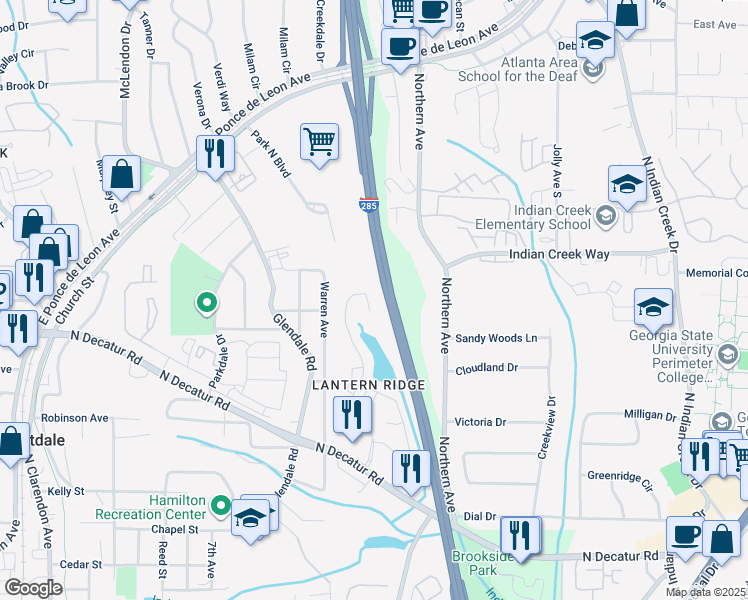 map of restaurants, bars, coffee shops, grocery stores, and more near 3534 Lantern View Lane in Scottdale