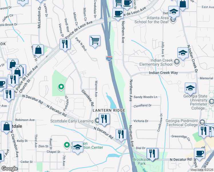 map of restaurants, bars, coffee shops, grocery stores, and more near 3535 Lantern View Lane in Scottdale