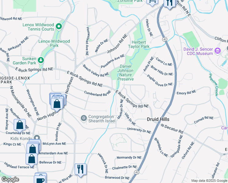 map of restaurants, bars, coffee shops, grocery stores, and more near 1275 East Rock Springs Road Northeast in Atlanta