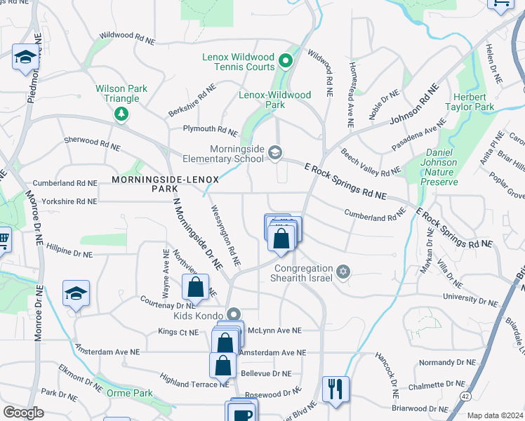 map of restaurants, bars, coffee shops, grocery stores, and more near 1475 Lanier Place Northeast in Atlanta