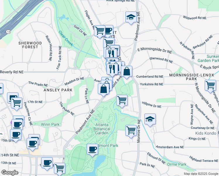map of restaurants, bars, coffee shops, grocery stores, and more near 17 Avery Drive Northeast in Atlanta