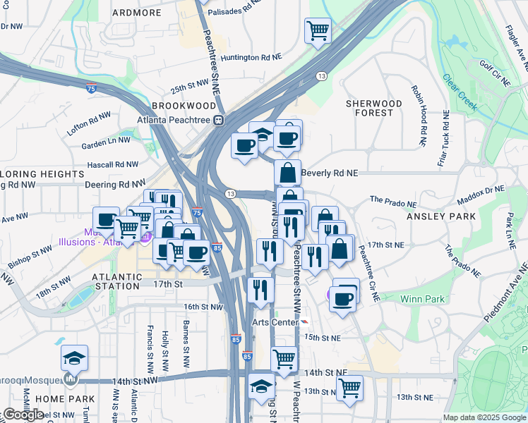 map of restaurants, bars, coffee shops, grocery stores, and more near 1470 Spring St NW in Atlanta