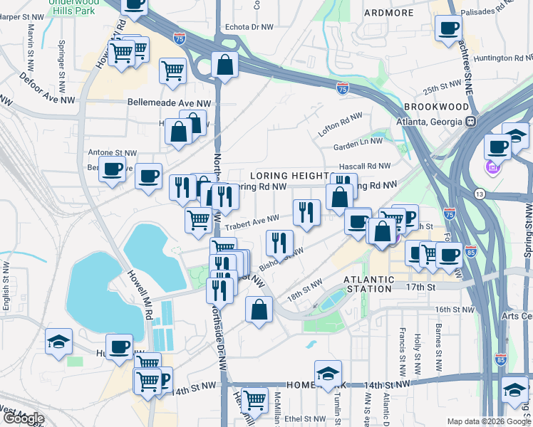 map of restaurants, bars, coffee shops, grocery stores, and more near 1467 Hawthorne Avenue Northwest in Atlanta