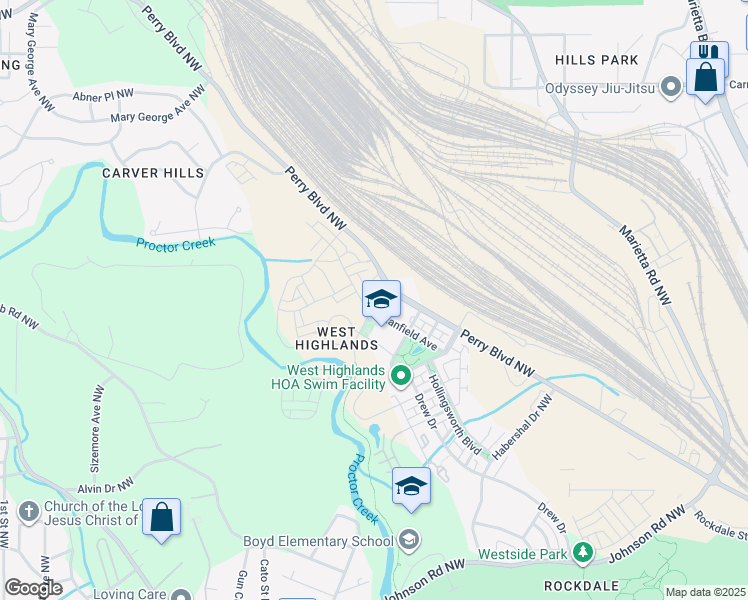 map of restaurants, bars, coffee shops, grocery stores, and more near 1936 Stanfield Avenue in Atlanta