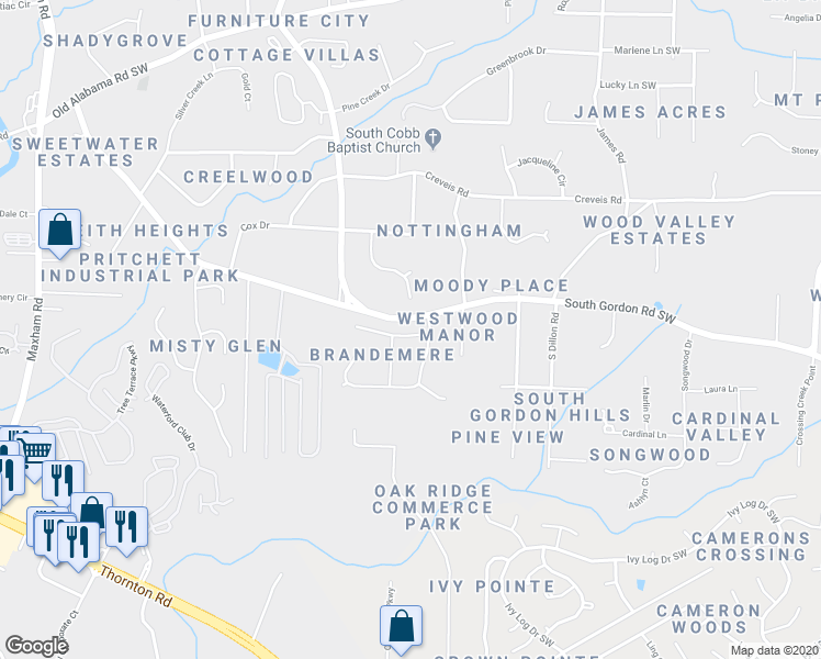 map of restaurants, bars, coffee shops, grocery stores, and more near 1614 Brandemere Lane in Austell