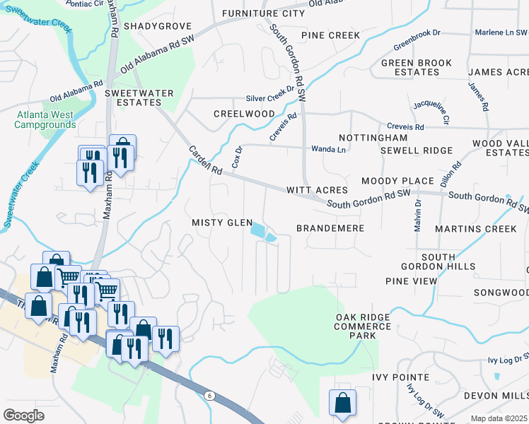 map of restaurants, bars, coffee shops, grocery stores, and more near 1903 Cardell Road in Austell