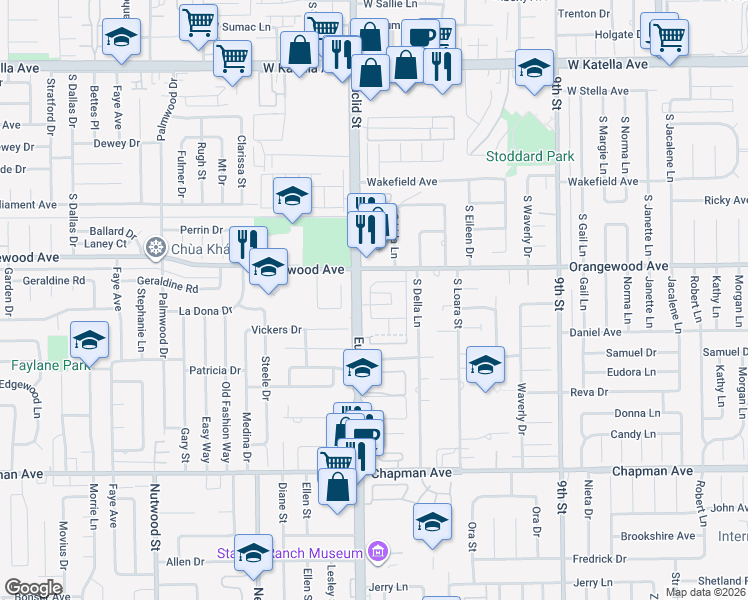 map of restaurants, bars, coffee shops, grocery stores, and more near 1683 West Cindy Lane in Anaheim