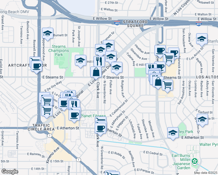 map of restaurants, bars, coffee shops, grocery stores, and more near 2137 Fidler Avenue in Long Beach