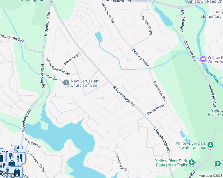 map of restaurants, bars, coffee shops, grocery stores, and more near 3150 Mineral Ridge Court in Stone Mountain