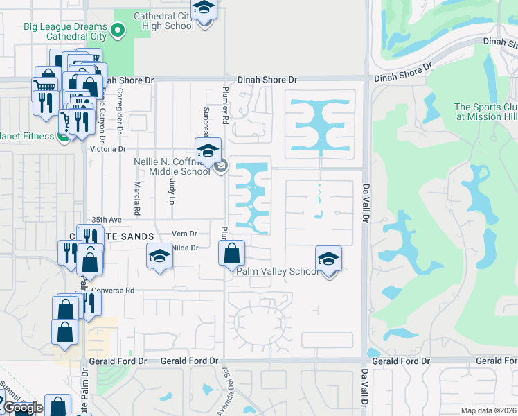map of restaurants, bars, coffee shops, grocery stores, and more near 9 Lake Como Court in Rancho Mirage
