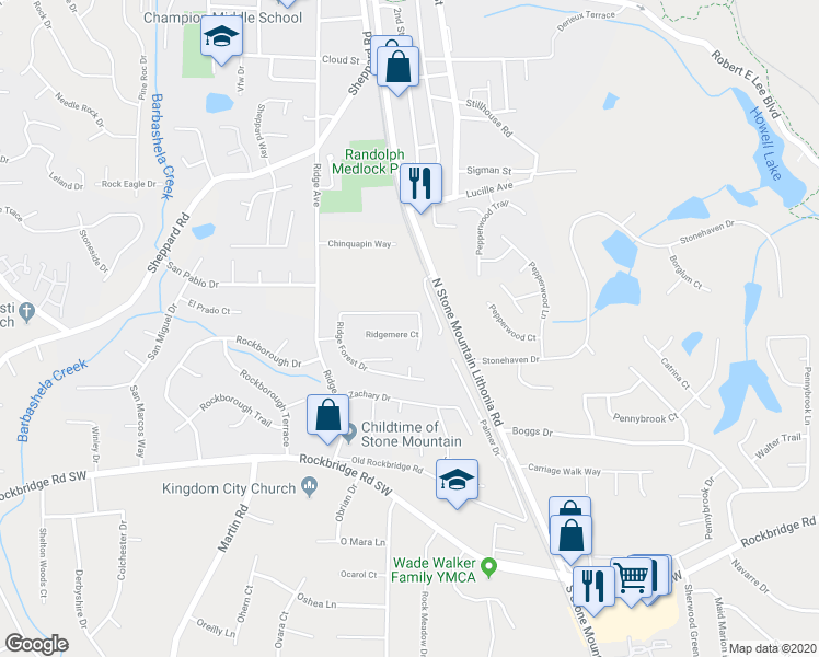 map of restaurants, bars, coffee shops, grocery stores, and more near 5386 Ridgemere Court in Stone Mountain
