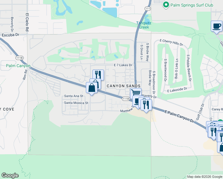 map of restaurants, bars, coffee shops, grocery stores, and more near 2480 South Linden Way in Palm Springs