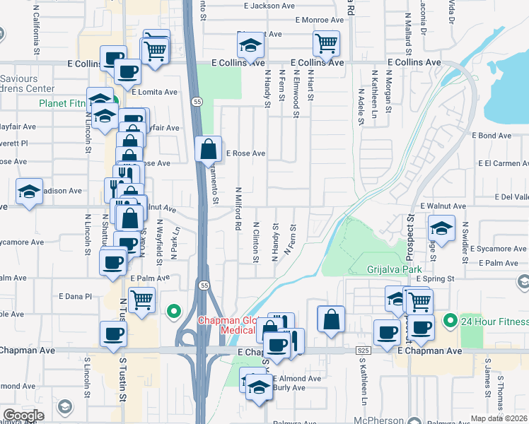 map of restaurants, bars, coffee shops, grocery stores, and more near 480 North Handy Street in Orange