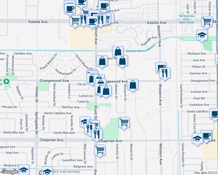 map of restaurants, bars, coffee shops, grocery stores, and more near 11562 Knott Street in Garden Grove