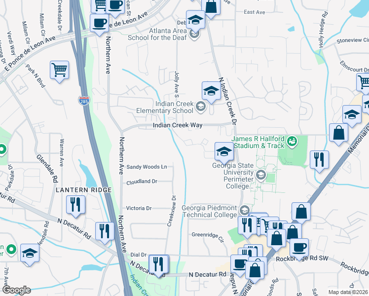 map of restaurants, bars, coffee shops, grocery stores, and more near 605 Ridge Creek Drive in Clarkston