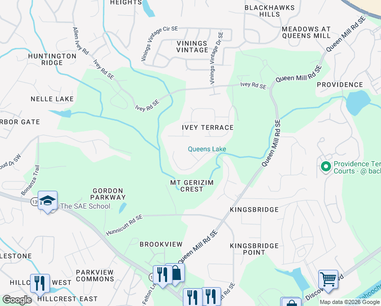 map of restaurants, bars, coffee shops, grocery stores, and more near 6402 Blessing Road Southeast in Mableton