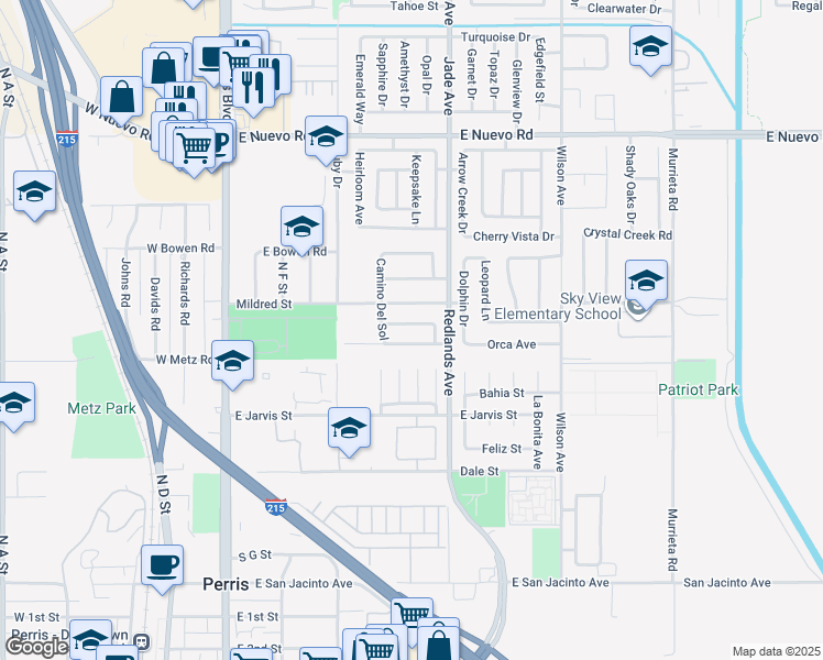 map of restaurants, bars, coffee shops, grocery stores, and more near 337 Camino De La Estrella in Perris