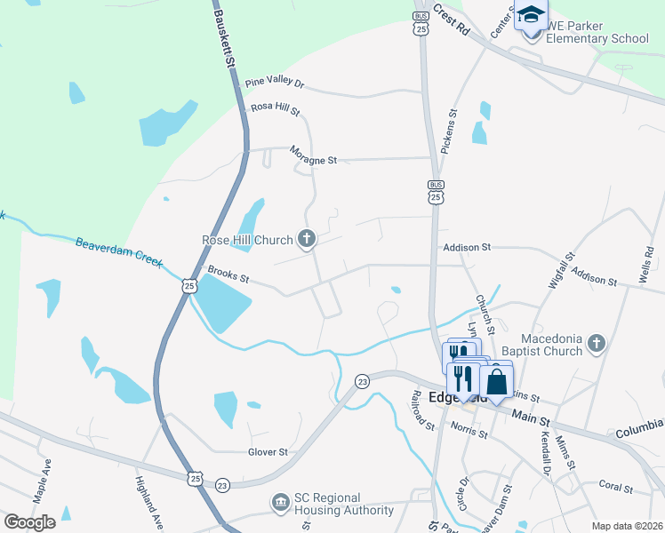 map of restaurants, bars, coffee shops, grocery stores, and more near 410 Rosa Hill Street in Edgefield