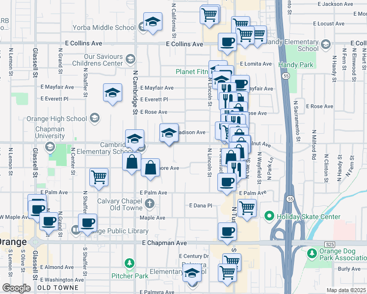 map of restaurants, bars, coffee shops, grocery stores, and more near 1242 East Walnut Avenue in Orange