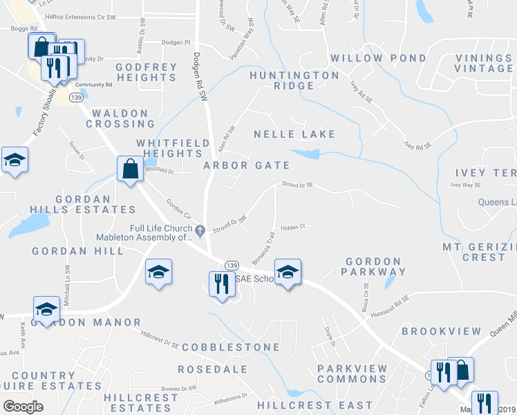 map of restaurants, bars, coffee shops, grocery stores, and more near 100 Stroud Drive Southwest in Mableton