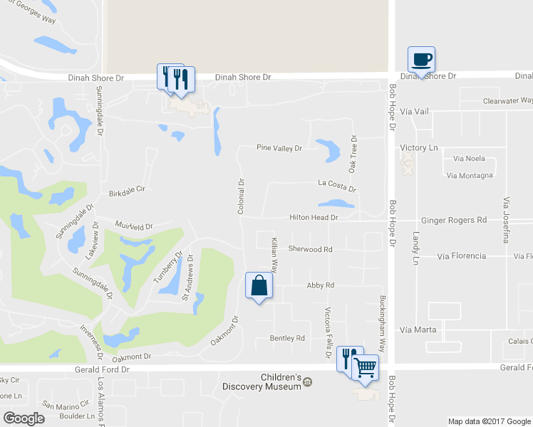 map of restaurants, bars, coffee shops, grocery stores, and more near 56 Hilton Head Drive in Rancho Mirage
