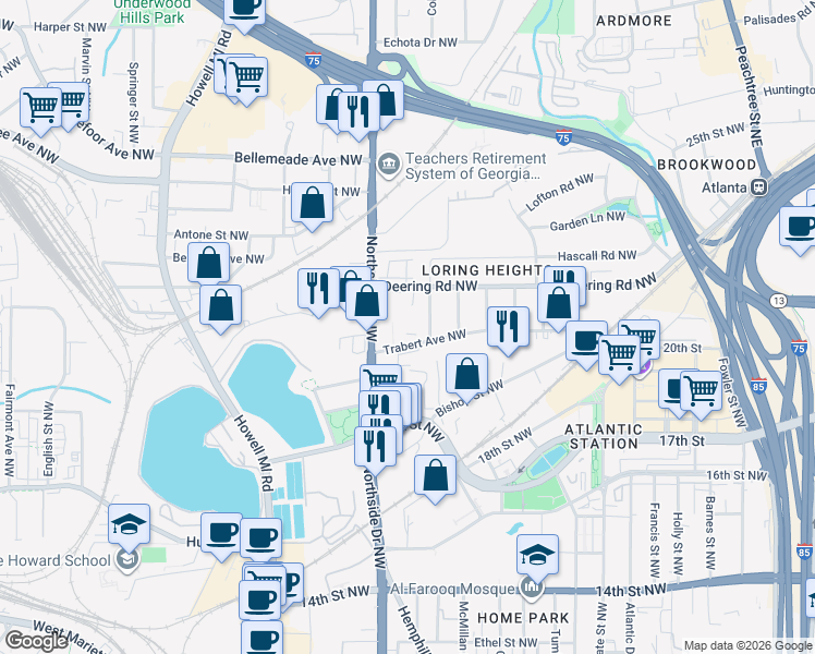 map of restaurants, bars, coffee shops, grocery stores, and more near 563 Trabert Avenue Northwest in Atlanta