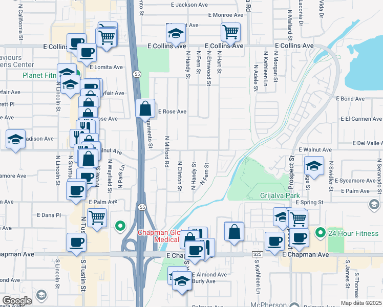 map of restaurants, bars, coffee shops, grocery stores, and more near 480 North Handy Street in Orange