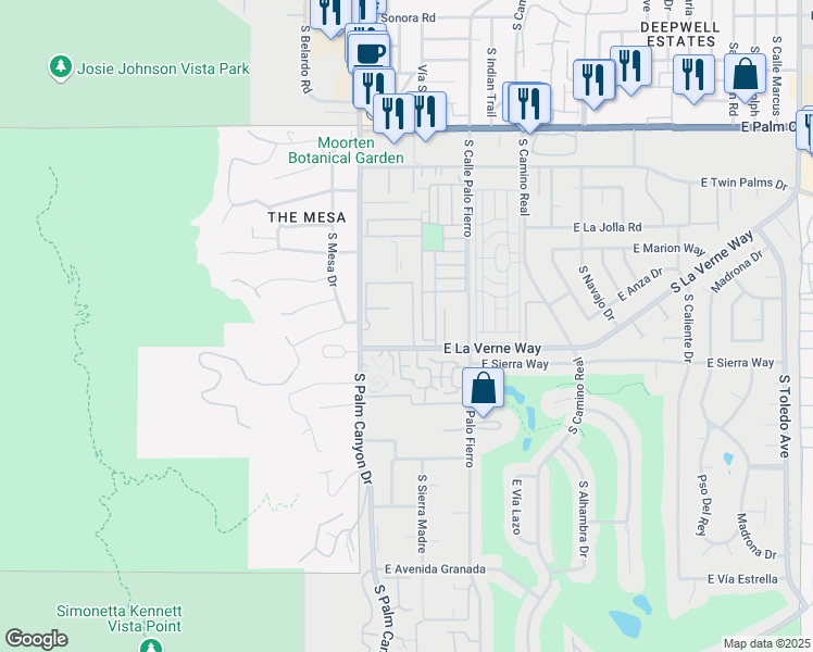 map of restaurants, bars, coffee shops, grocery stores, and more near 2075 Ramitas Way in Palm Springs