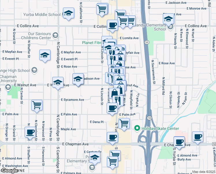 map of restaurants, bars, coffee shops, grocery stores, and more near 464 North Shattuck Place in Orange