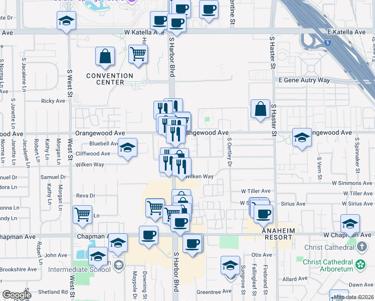 map of restaurants, bars, coffee shops, grocery stores, and more near 2134 South Acama Street in Anaheim