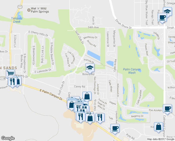 map of restaurants, bars, coffee shops, grocery stores, and more near 6000 East Driver Road in Palm Springs