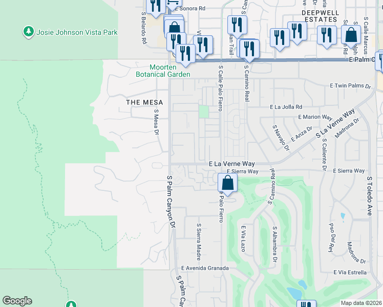 map of restaurants, bars, coffee shops, grocery stores, and more near 2075 Ramitas Way in Palm Springs