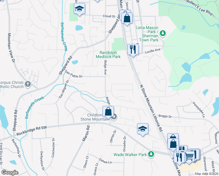 map of restaurants, bars, coffee shops, grocery stores, and more near 5307 Ridge Forest Drive in Stone Mountain