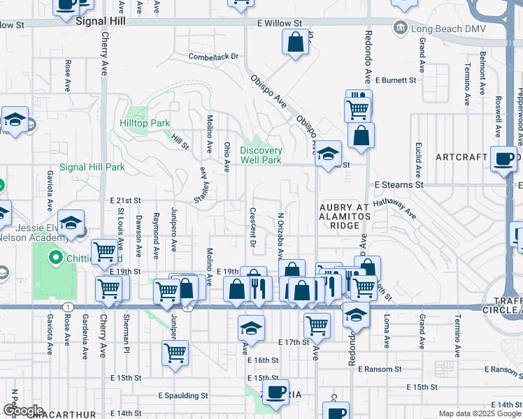 map of restaurants, bars, coffee shops, grocery stores, and more near 2865 Signal Pointe in Signal Hill