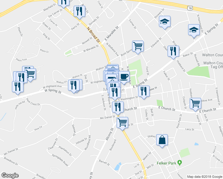 map of restaurants, bars, coffee shops, grocery stores, and more near 101 North Broad Street in Monroe