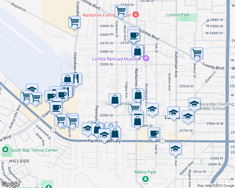 map of restaurants, bars, coffee shops, grocery stores, and more near in Lomita