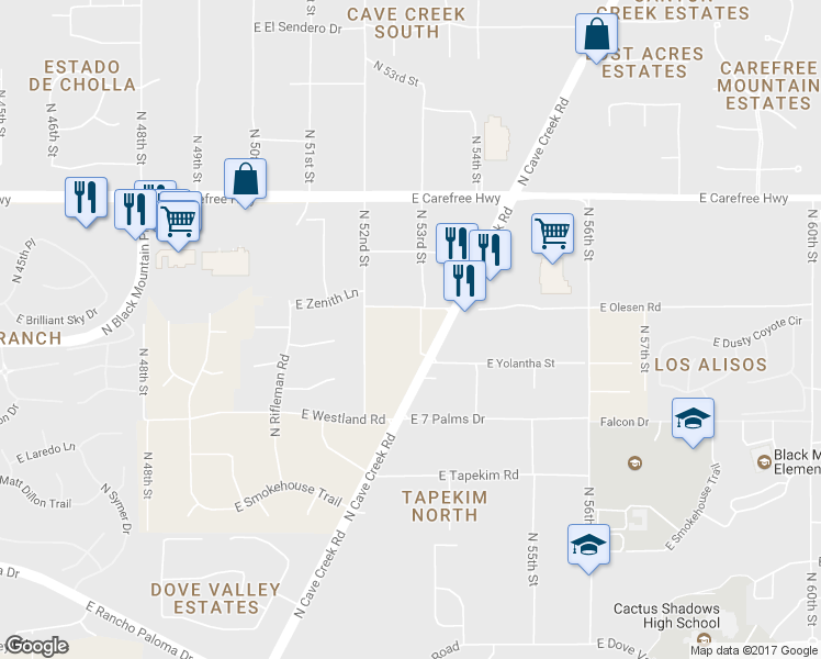 map of restaurants, bars, coffee shops, grocery stores, and more near 34036 North 53rd Street in Cave Creek