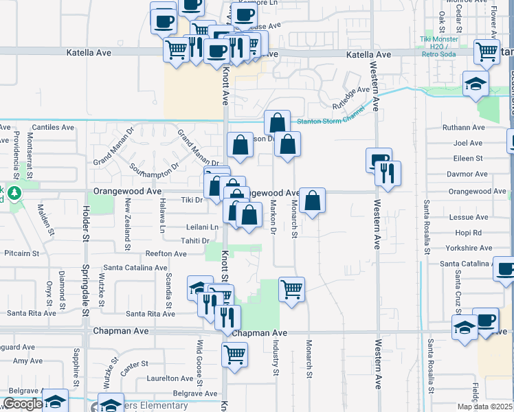 map of restaurants, bars, coffee shops, grocery stores, and more near 11562 Knott Street in Garden Grove