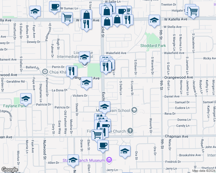 map of restaurants, bars, coffee shops, grocery stores, and more near 1683 West Cindy Lane in Anaheim
