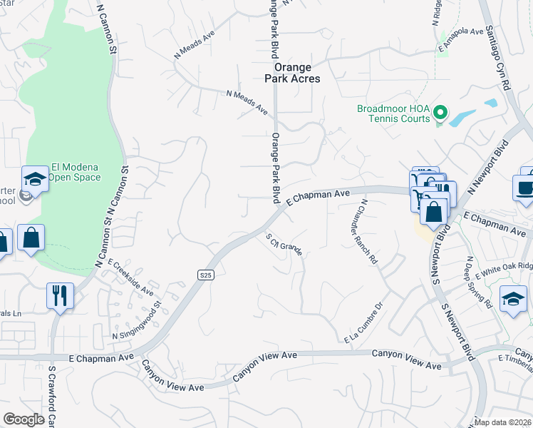 map of restaurants, bars, coffee shops, grocery stores, and more near 20031 East Chapman Avenue in Orange