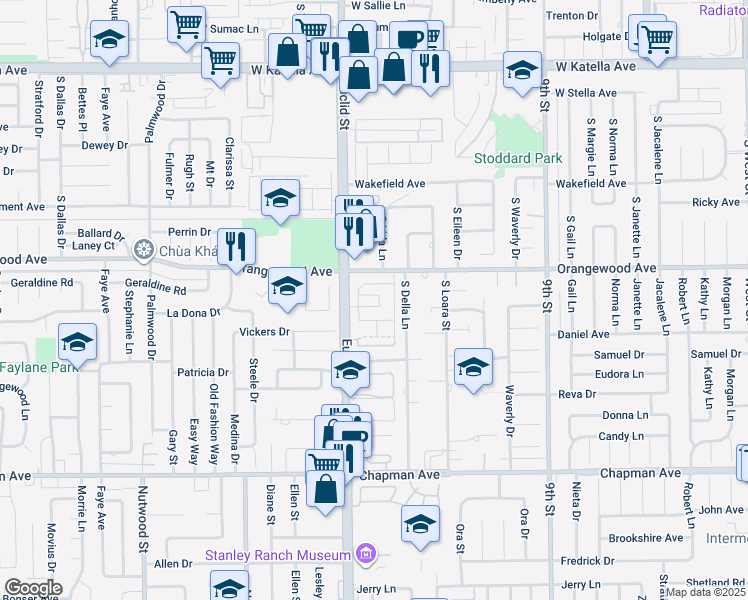 map of restaurants, bars, coffee shops, grocery stores, and more near 1671 West Cindy Lane in Anaheim