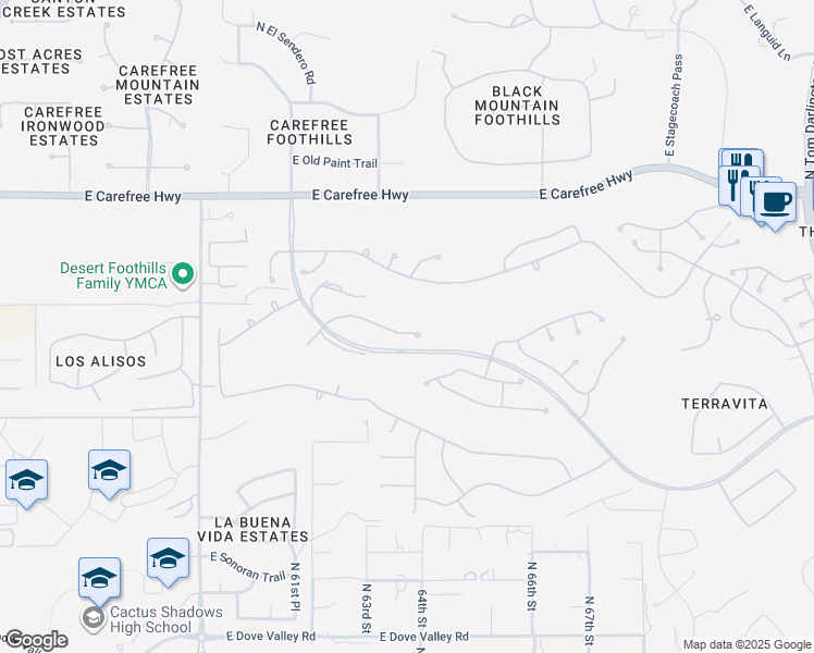 map of restaurants, bars, coffee shops, grocery stores, and more near 6346 East Dusty Coyote Circle in Scottsdale