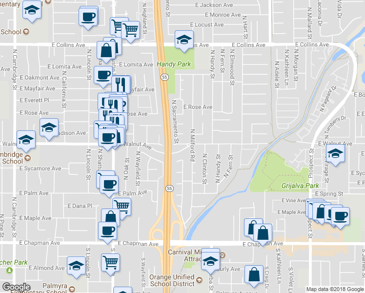 map of restaurants, bars, coffee shops, grocery stores, and more near 2234 East Walnut Avenue in Orange