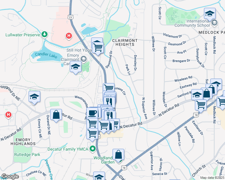 map of restaurants, bars, coffee shops, grocery stores, and more near 628 Webster Drive in Decatur